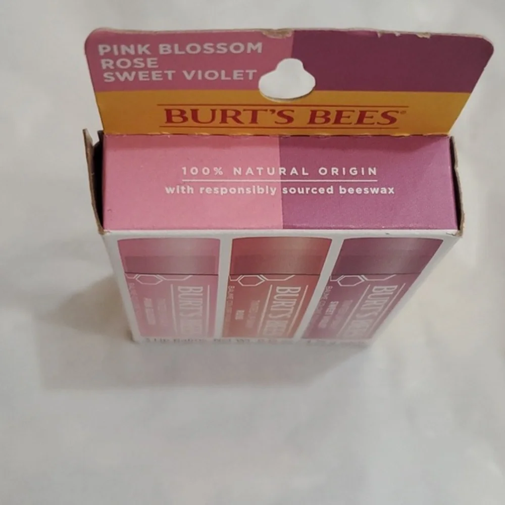 Burt's Bee 3pack pink blossom rose & sweet violet Tinted lip balm pack new FREE‎